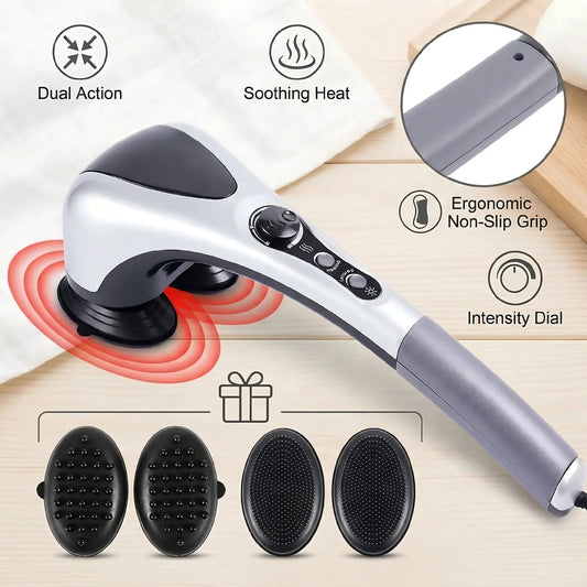 Dual-Head Handheld Electric Massager with Infrared Heat, Strong Vibration, Stepless Speed Control, Replaceable Massage Heads,