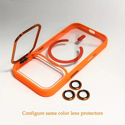 Luxury Magnetic Wireless Charging Lens Holder Case For iPhone 17 16 15 14 13 Pro Max Acrylic Shockproof Armor Transparent Cover
