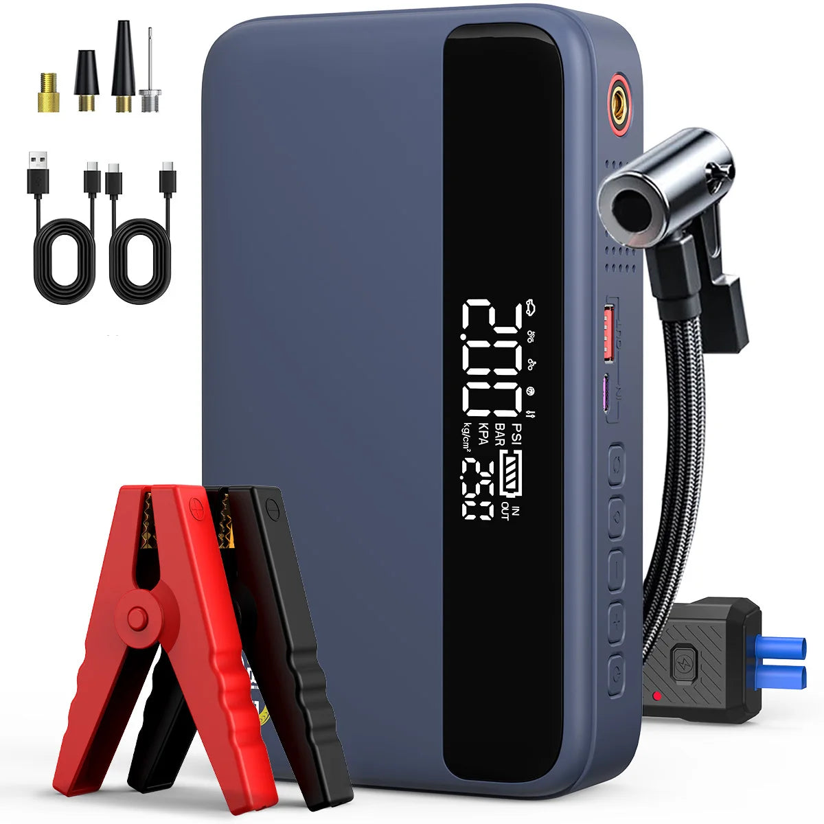 1500A Peak Car Battery Starter Kit, Featuring a 150 PSI Air Compressor, Jump Cable Box, Portable Starter for 12L of Gasoline/10.0L of Diesel Engines, LCD Display, 3-Mode LED Flashlight, Fast Charging USB-C, Lithium Polymer Ba