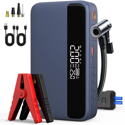 1500A Peak Car Battery Starter Kit, Featuring a 150 PSI Air Compressor, Jump Cable Box, Portable Starter for 12L of Gasoline/10.0L of Diesel Engines, LCD Display, 3-Mode LED Flashlight, Fast Charging USB-C, Lithium Polymer Ba