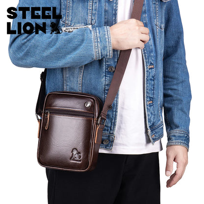 STEEL LION Men's Genuine Leather Crossbody Bag, Cowhide Business Vertical Mini Casual Shoulder Bag, Mobile Phone Bag
