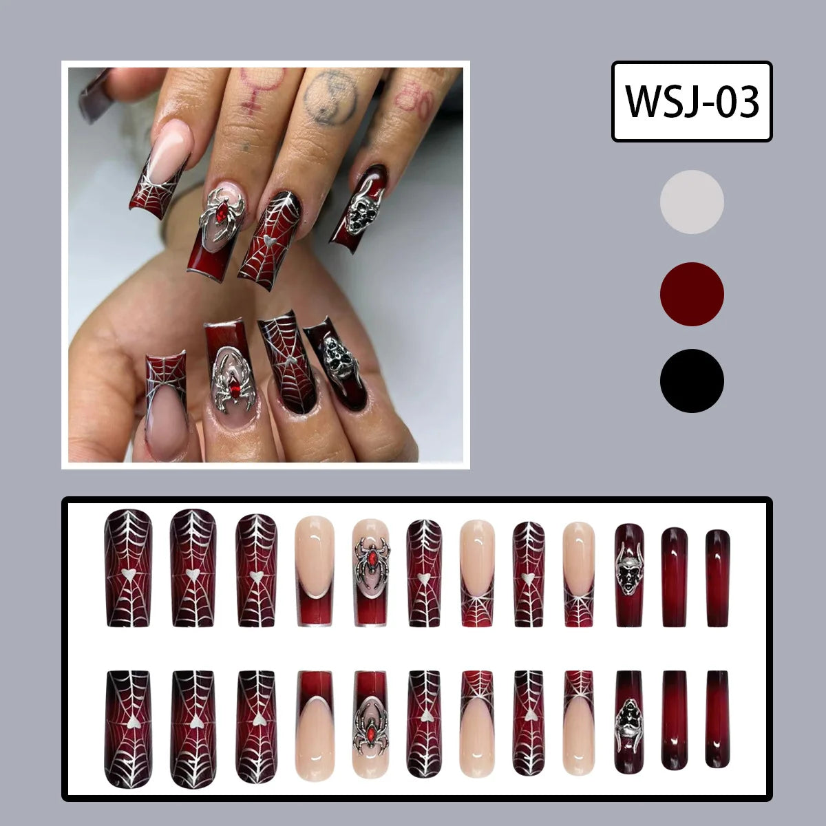 24pcs Halloween Press-On Nails – Gothic Punk 3D Spider Skull Design, Black Y2K Coffin French Fake Nails