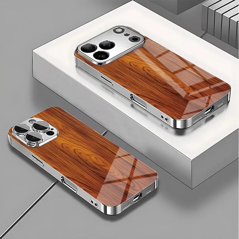 iPhone Wood Texture Tempered Glass Electroplate Case