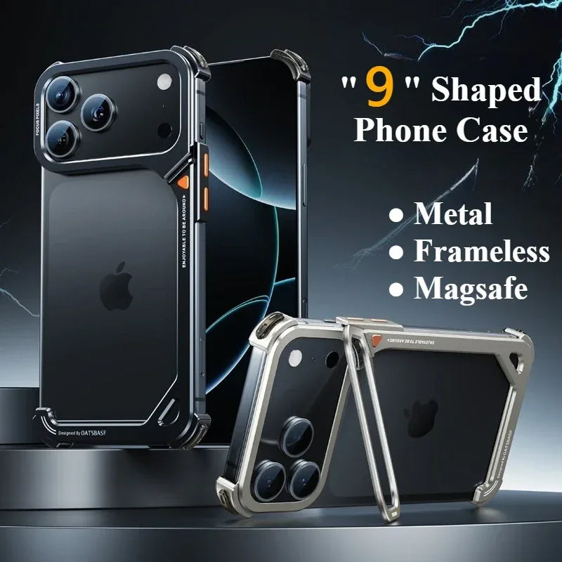 Eary 9-Shaped Phone Case for iPhone 17 Pro Max 17 Pro for Magsafe With Lens Holder Stand Metal Frameless Bumper Anti-Drop Shells