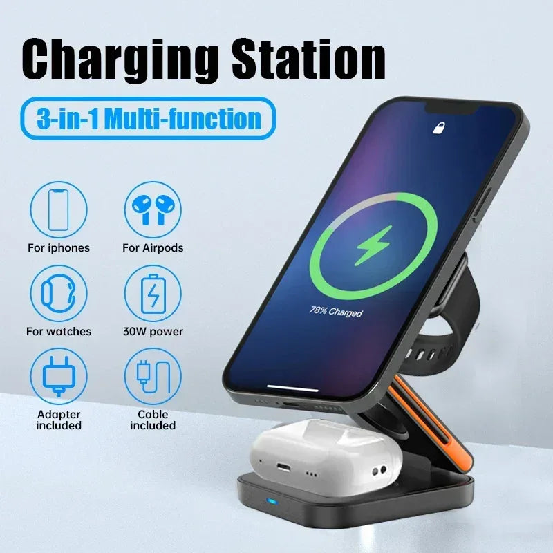 3 in 1 Foldable Charging Station Fast Magnetic Wireless Charger Stand for iPhone 17 16 15 14 13 12 Apple Watch 8 7 6 Airpods Pro - Urbizia