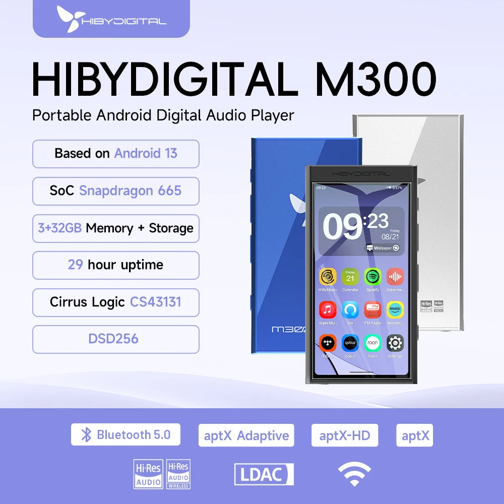 HiBy Digital M300 Android13 Music Player HiFi Bluetooth WiFi 32GB DSD256 PCM768 Web Radio Dual Mic Loudspeaker 29hr 3.5mm Output