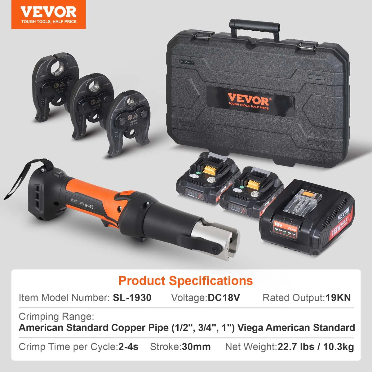 SucceBuy Press Tool 18V Electric Pipe Crimping Tool for 1/2" 3/4" 1" Copper Pipes Press Tool Kit with 3 Jaws 2Pcs Battery Compatible with Propress