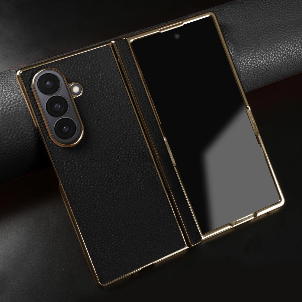 Lychee Genuine Leather Case For Samsung Galaxy Z Fold 7 6 5 4 3 phone Cover Fold7 Fold5 Fold6 fold4 fold3 Cases Funda Para Coque