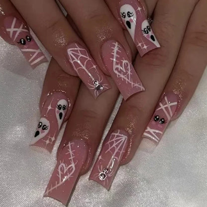 24Pcs Horror Comic Tomie Press on Nails – Almond Glossy Black Japanese Anime Nails, Reusable Halloween False Nail Tips