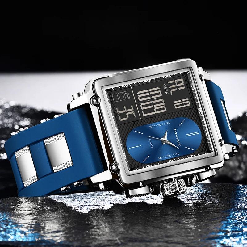 FOXBOX New Creative Square Watch Men Fashion Business Silicone Waterproof Men's Electronic Wristwatch LED Backlight Chronograph