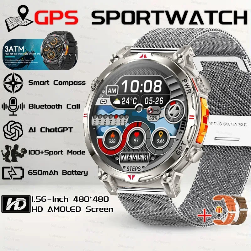 Military Grade Smart Watch Men GPS Compass Altimeter Clock 1.56" AMOLED 5ATM Waterproof Sport Fitness Tracker BT Call Smartwatch - Urbizia