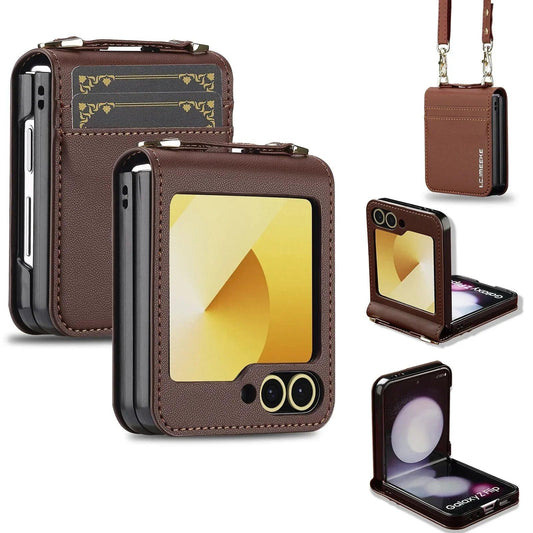 Wallet Crossbody Phone Case For Samsung Galaxy Z Flip 7 FE 6 5 4 3 Flip6 Flip7 5G with Card Holder Wrist Strap Lanyard Leather