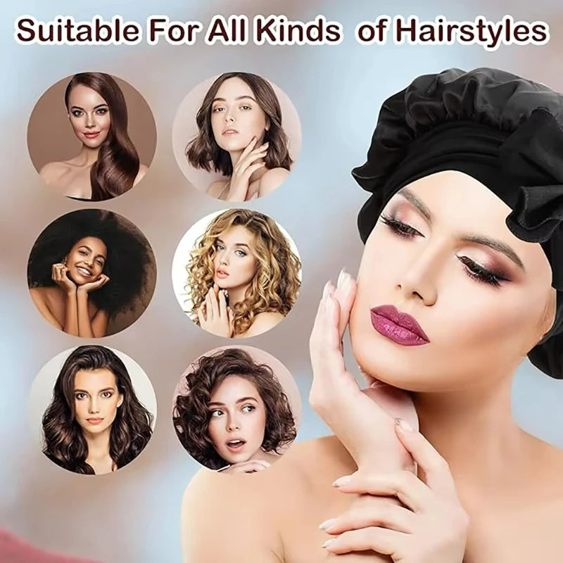 New Women Satin Solid Sleeping Hat Silky Bonnets With Tie Bands Elastic Shower Cap Adjustable Cap For Curly Hair Bonnets