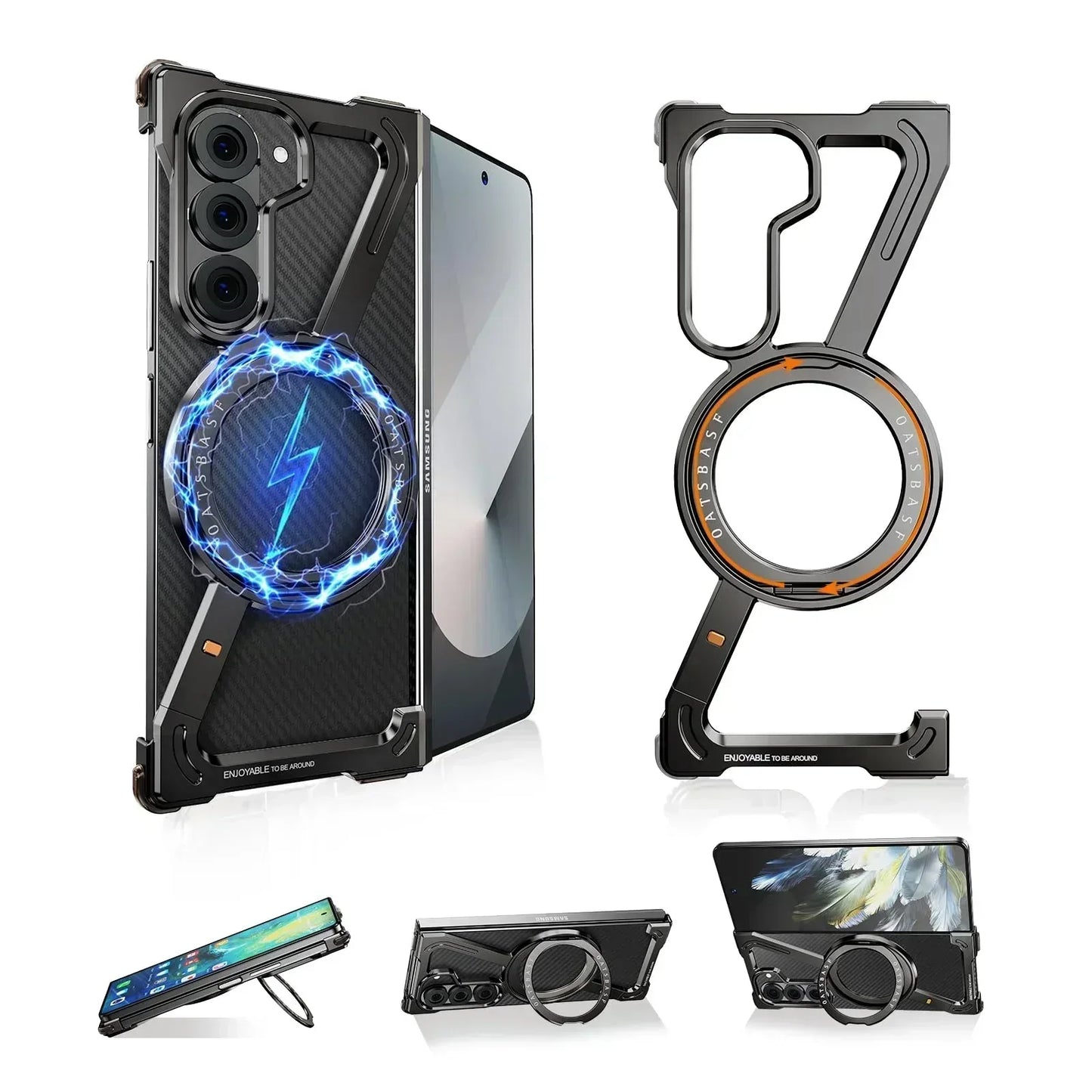 Oatsbasf Aluminium Z Case for Samsung Galaxy Z Fold 7 w/ 360°Rotating Magnetic Stand Frameless Phone Cover Shockproof Bumper