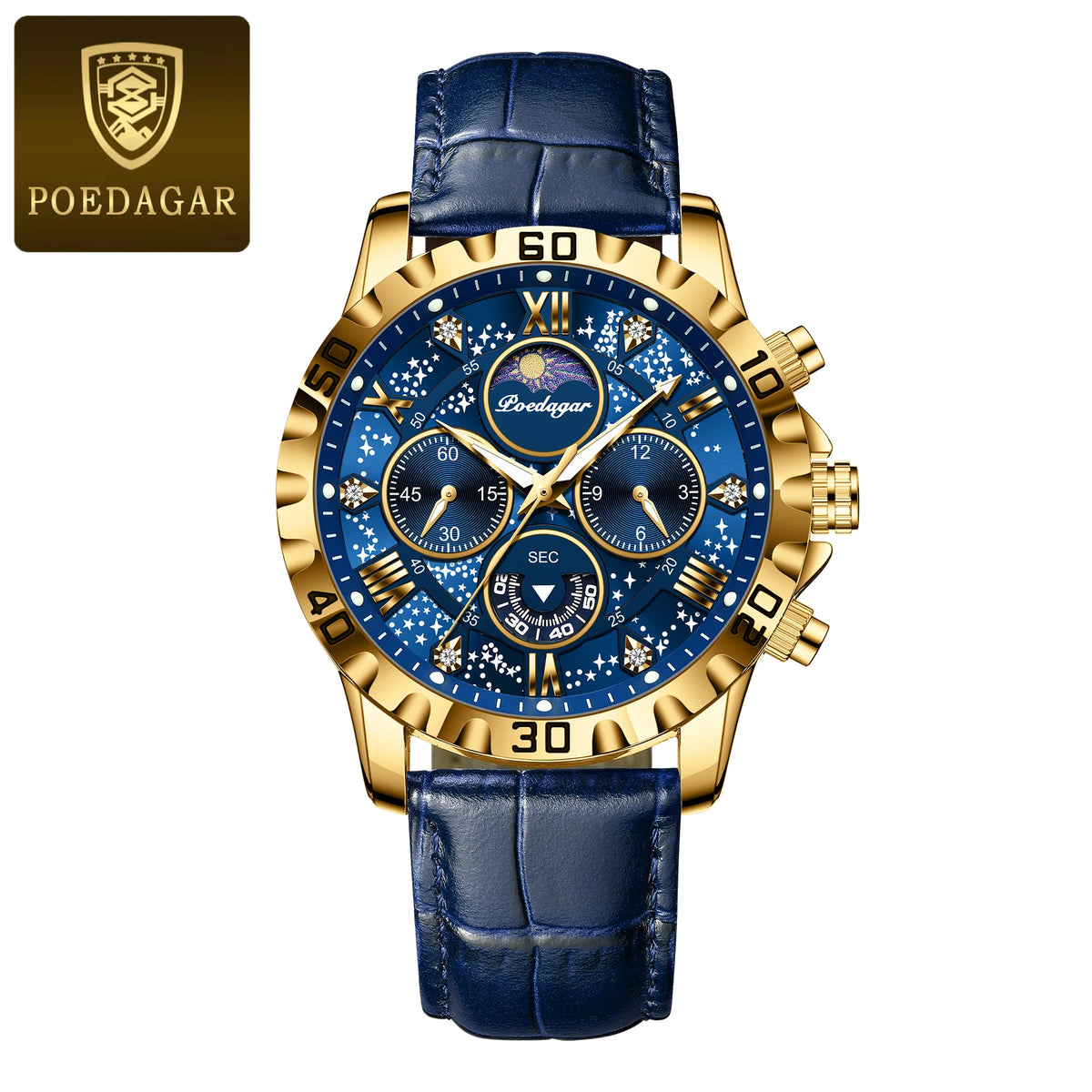 POEDAGAR Luxury Fashion Man Watch Waterproof Luminous Chronograph Leather Watches For Men Sports Outdoor Men's Quartz Wristwatch