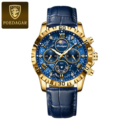 POEDAGAR Luxury Fashion Man Watch Waterproof Luminous Chronograph Leather Watches For Men Sports Outdoor Men's Quartz Wristwatch