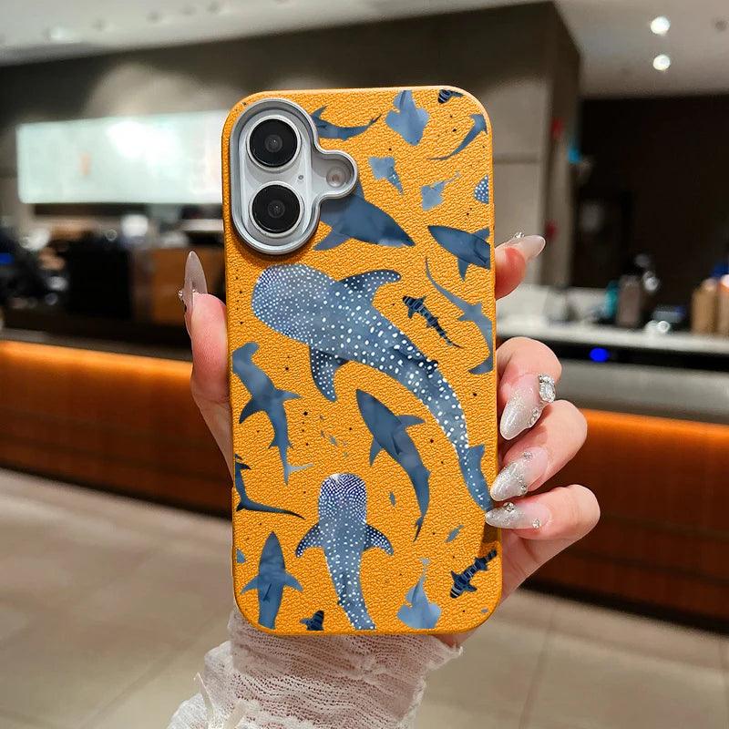 Whale Printed Leather Texture TPU Case for iPhone Series