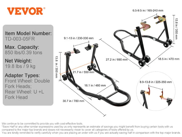 SucceBuy Motorcycle Stand Lift 850lbs Front Rear Combo Stand Lift Stand Front&Rear Wheel Fork Stand Heavy Duty Rear Wheel Stand