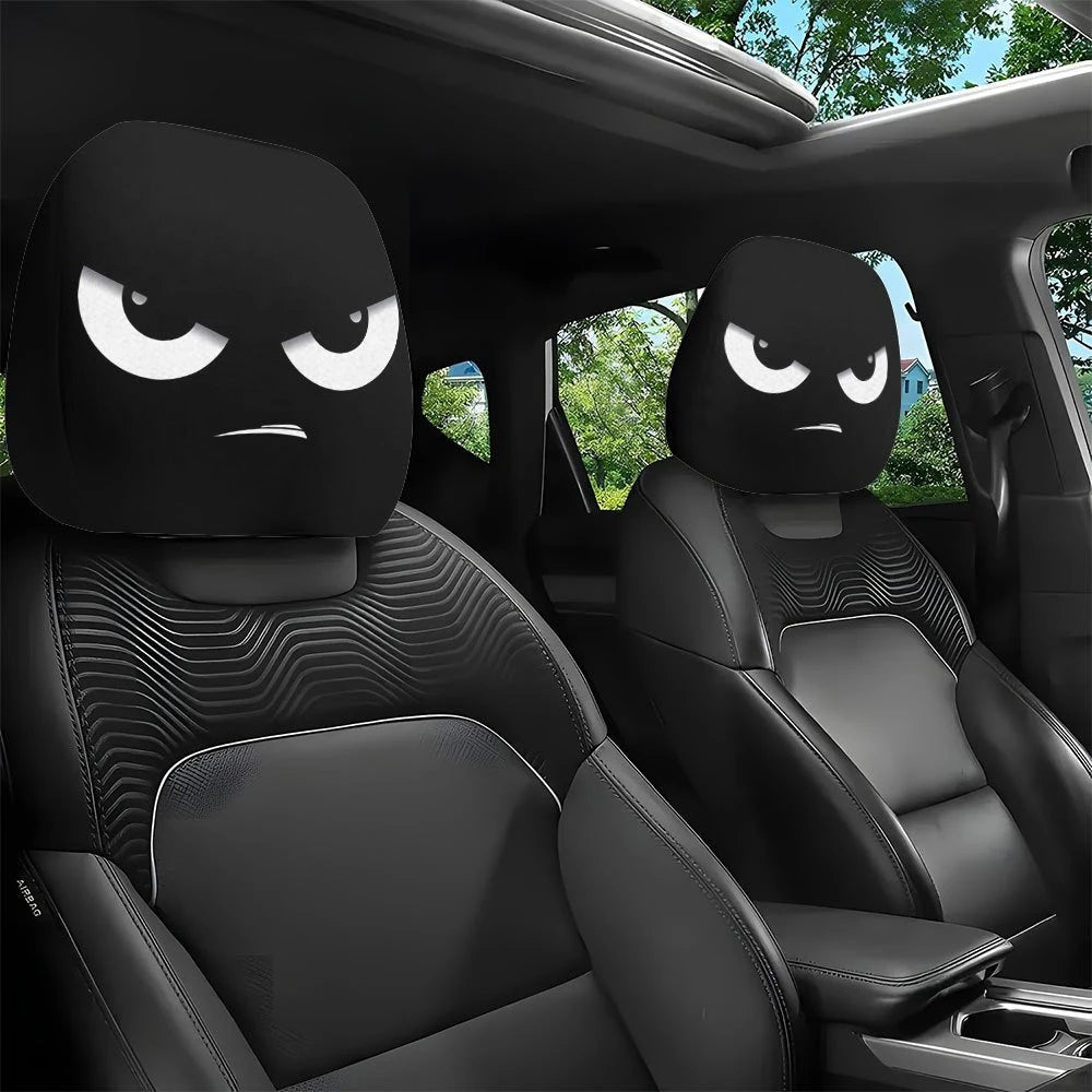2PCS Funny Slanted Eyes Cartoon Print Car Headrest Cover for Halloween Christmas Holiday Automobile Interior Decoration