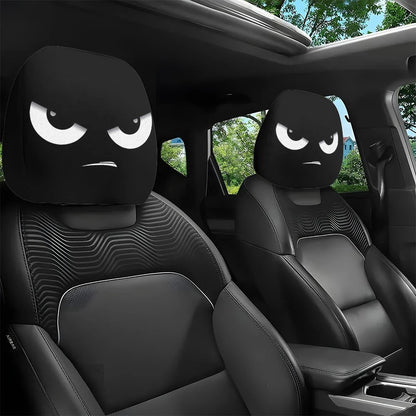 2PCS Funny Slanted Eyes Cartoon Print Car Headrest Cover for Halloween Christmas Holiday Automobile Interior Decoration