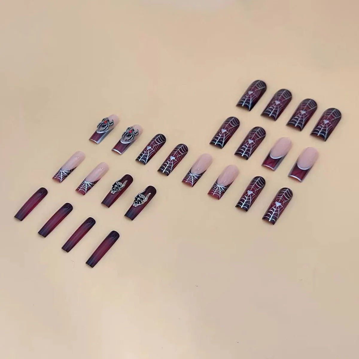 24pcs Halloween Press-On Nails – Gothic Punk 3D Spider Skull Design, Black Y2K Coffin French Fake Nails