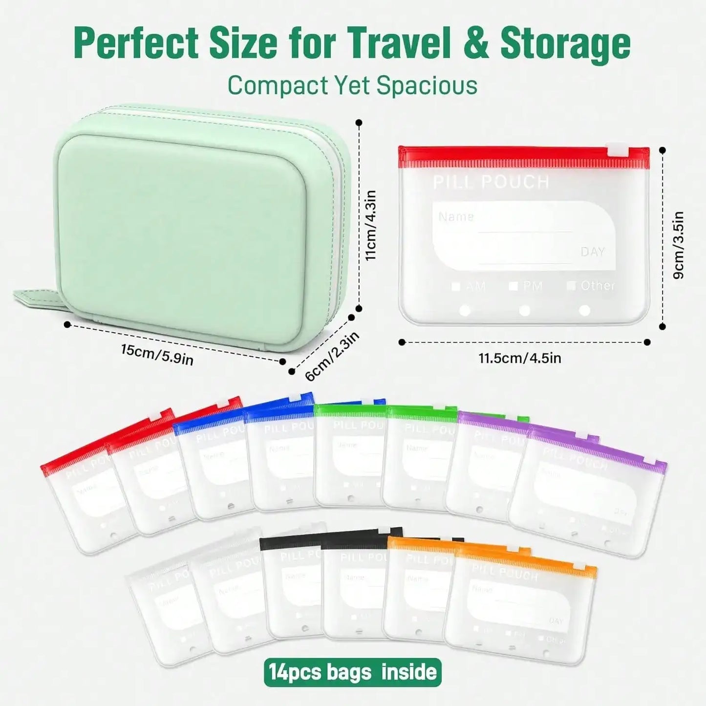 Waterproof Zipper Medicine Pouches Set, 14 Color Designs Weekly Organizer For Daily Supplement Storage