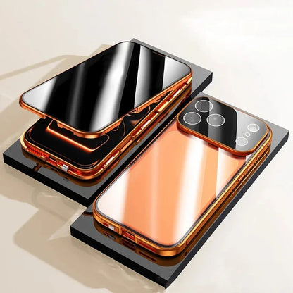 360 ° Full Protection Metal Magnetic Double-Sided Glass Snap Lock Privacy Case For iPhone 17 16 15 14 13 12 Pro Max Plus 17E 16E