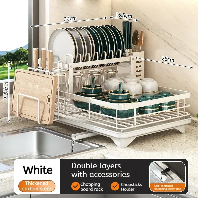 2-Tier Adjustable Steel Kitchen Dish Drying Rack with Drain Tray