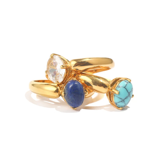 Minimalist Stainless Steel Gold Plated Natural Stone Laips Turquoise Cubic Zirconia Rings For Women bague acier inoxydable