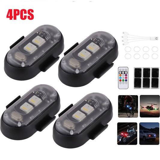 4PCS Car Decoration light Atmospher Lamp Wireless LED Strobe Lights 8 Colors Warning Light for Motorcycle Car Aircraft Bike