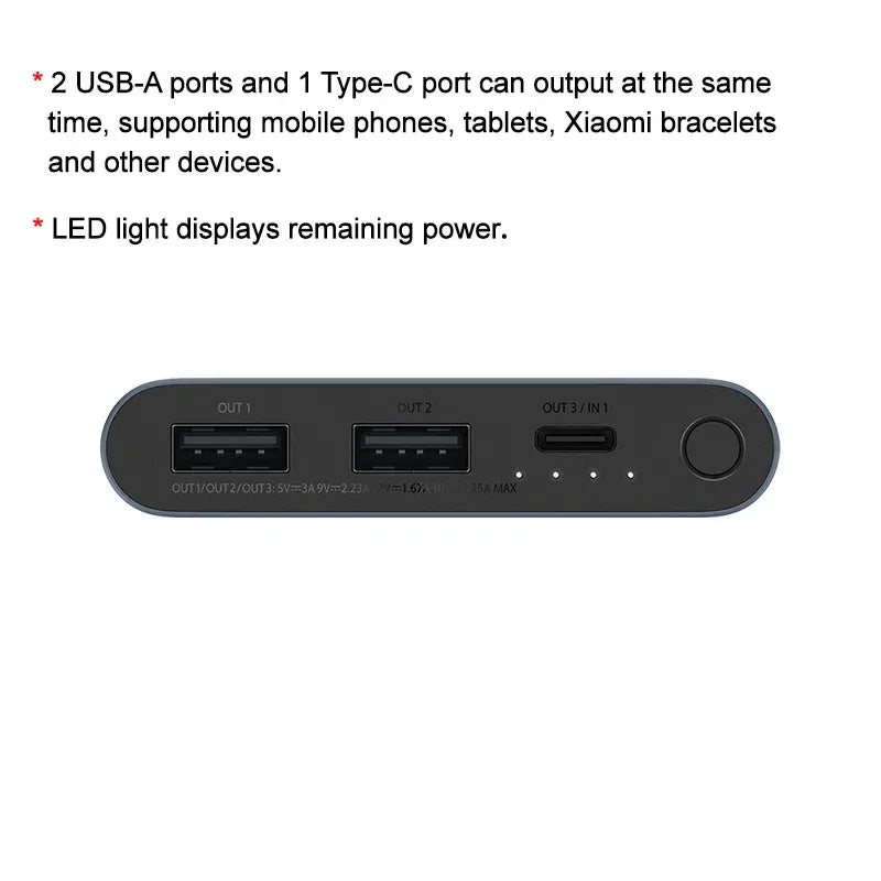 Xiaomi 10000mAh 22.5W Power Bank, 3 Ports, USB-C Fast Charging, Aluminum Alloy, Support Low Current Mode, For iPhone 16 15 14 13