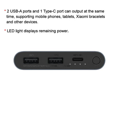 Xiaomi 10000mAh 22.5W Power Bank, 3 Ports, USB-C Fast Charging, Aluminum Alloy, Support Low Current Mode, For iPhone 16 15 14 13