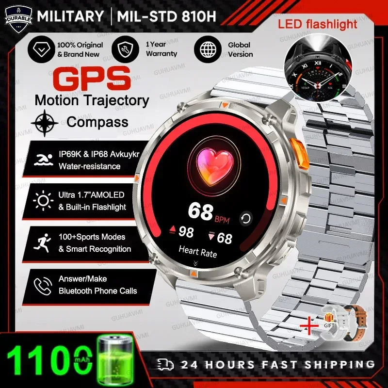 Men 1100mAh Ultra Durable Battery Smart Watch GPS Compass IP69K Waterproof BT Call 100+ Sport Mode Flashlight Sports Smartwatch - Urbizia