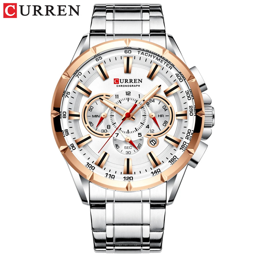 CURREN 8363 Casual Sport Chronograph Men's Watches Stainless Steel Band Wristwatch Big Dial Quartz Clock with Luminous Pointers