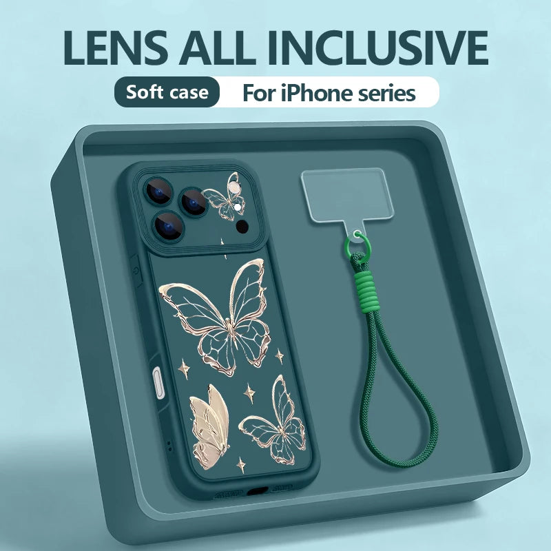 Retro Butterfly Pattern Lanyard Phone Case For iPhone 18 17 Pro Max 16 14 15 17 Pro 13 Pro Max 17e 16e 11 Soft Wrist Strap Cover