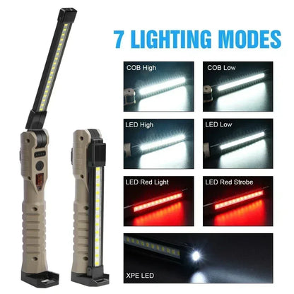 Folding COB XPE LED Work Light USB Rechargeable Portable Flashlight Magnetic Base Hook Car Repair Emergency Inspection Red SOS - Urbizia