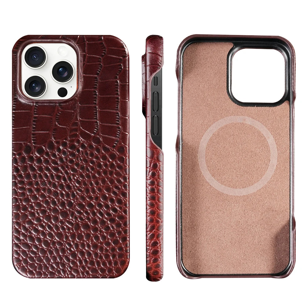 for Magsafe Case for iPhone 15 16 17 18 Pro Max Air 18Pro Natural Cowhide Leather Magnetic Protector Luxury Phone Back Cover