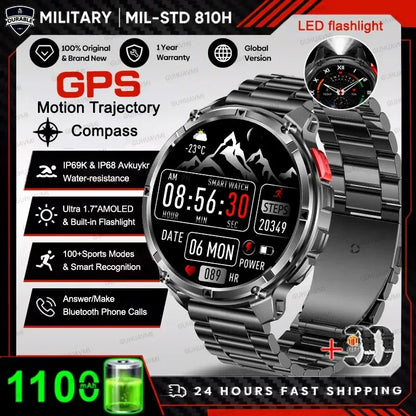 Men 1100mAh Ultra Durable Battery Smart Watch GPS Compass IP69K Waterproof BT Call 100+ Sport Mode Flashlight Sports Smartwatch - Urbizia