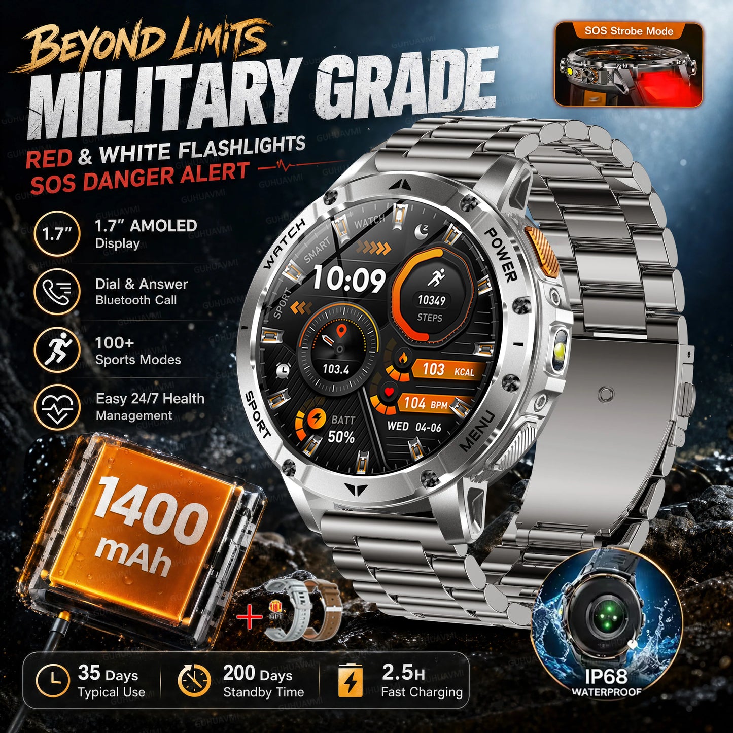 2026 New Military Outdoor Smart Watch Men 10ATM Waterproof Diving Heart Rate Monitor LED Flashlight Bluetooth Call Fitness Watch
