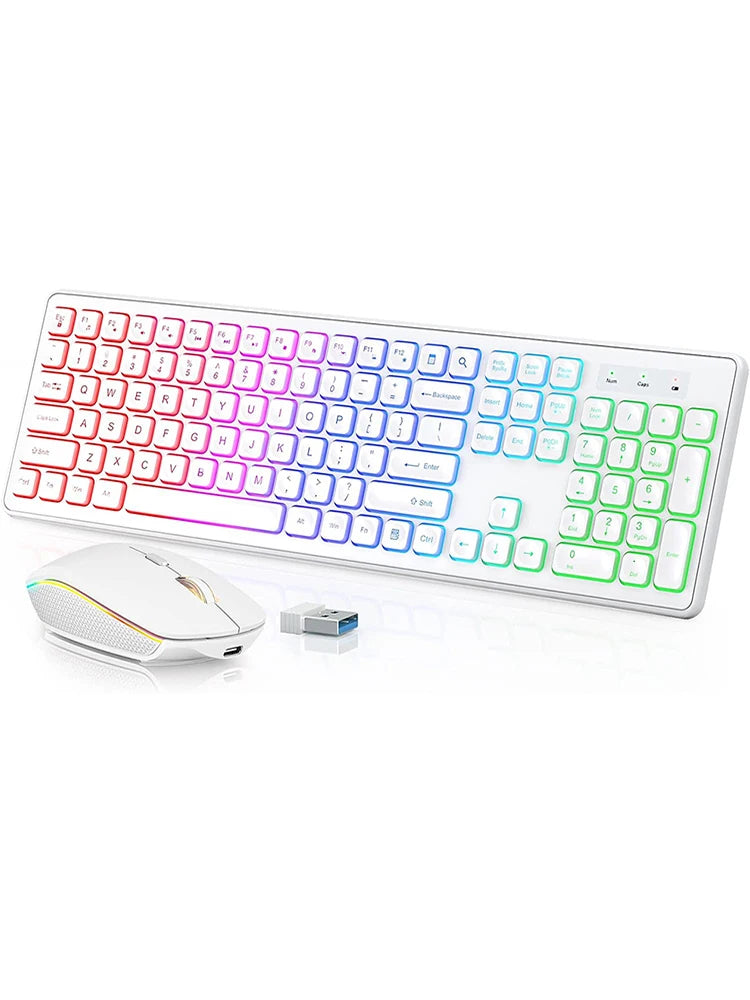 Backlit Wireless Keyboard and Mouse,Quiet Light Up Keys, Tilt Legs, Rechargeable USB Cordless Combo for Computer, PC, Laptop