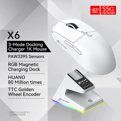 Attack Shark X6 Gaming Mouse – PAW3395 Sensor, Tri-Mode Bluetooth/2.4G, RGB Magnetic Charging Base