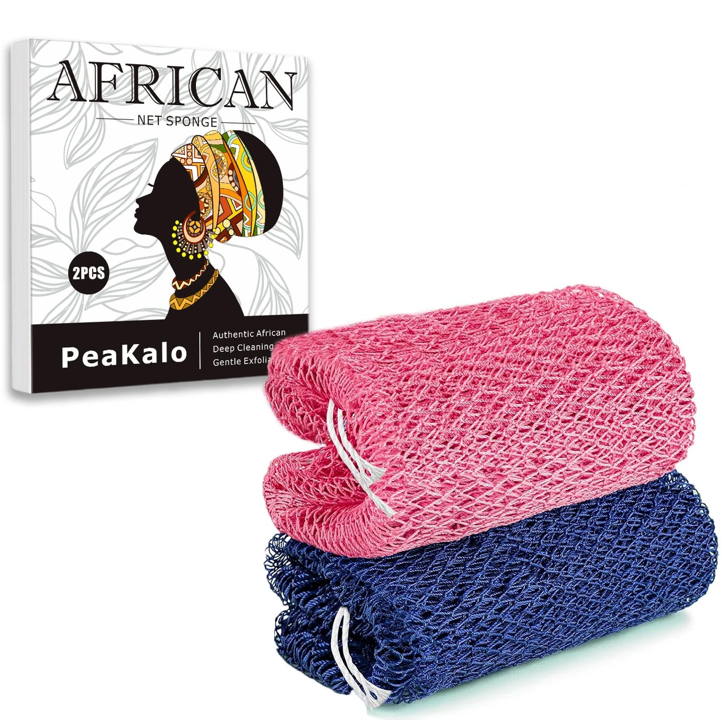 PeaKalo Authentic African Net Sponge-2Pcs Exfoliating Bath Shower Loofah Sponge, Gentle Back Scrubber for All Skin Types,Durable