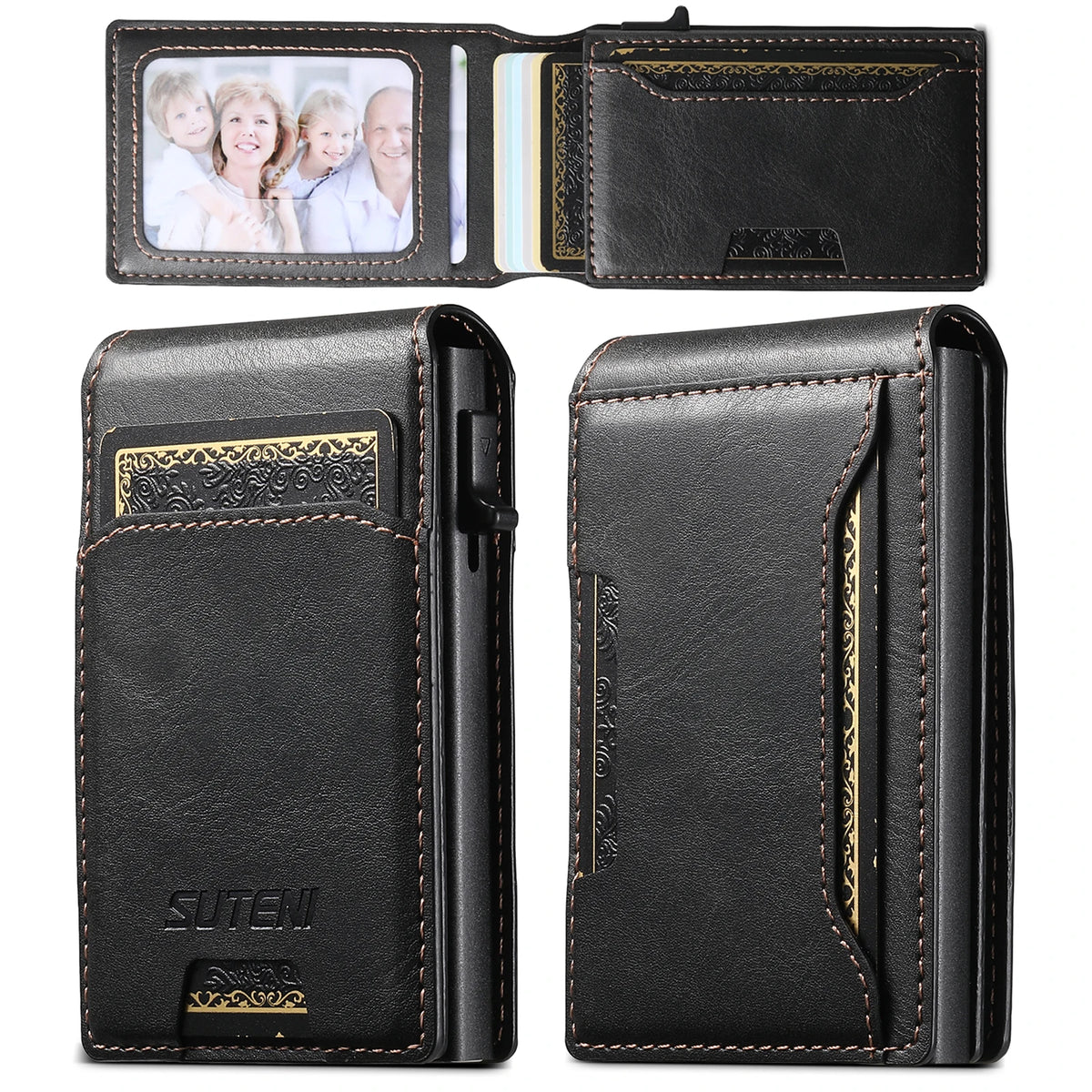 SUTENI PU Leather For Men Wallet Card Slot Wallet Flip Cover Card Box Pressing The Button Automatically Ejects The Card
