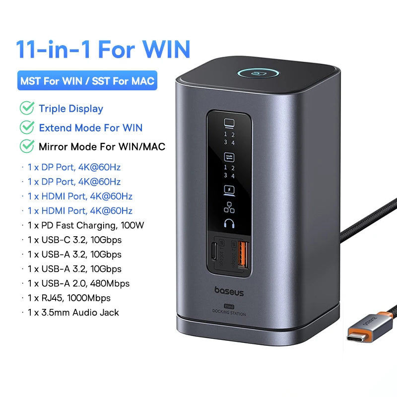 Baseus USB C HUB for Mac M3 M2 M1 System HDMI 4K@60Hz MST Triple Display for MacBook Air Pro Window 11-in-1 HUB Docking Station