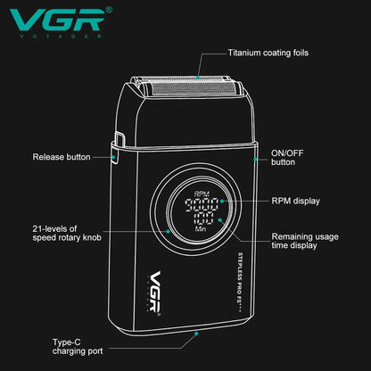 VGR Shaver Professional Beard Trimmer 9000 RPM Electric Razor Rechargeable Shaving Machine LED Lights Metal Shaver for Men V-378