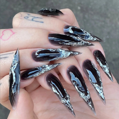 24Pcs Horror Comic Tomie Press on Nails – Almond Glossy Black Japanese Anime Nails, Reusable Halloween False Nail Tips