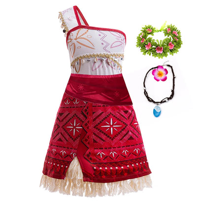 Girls Moana 2 Movie Dress – Halloween Party Adventure Costume & Princess Outfit with Vaiana Pet Pig Accessories