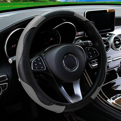Universal Fit PU Carbon Fiber Leather Car Steering Wheel Cover 14.5-15 Inch No Inner Ring Required Vehicle Decoration Accessory