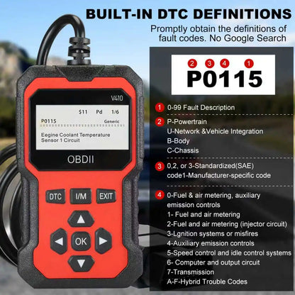 V410 OBD2 Car Diagnostic Scanner – All-in-One Diagnostic Tool for Identifying and Troubleshooting Vehicle Issues.
