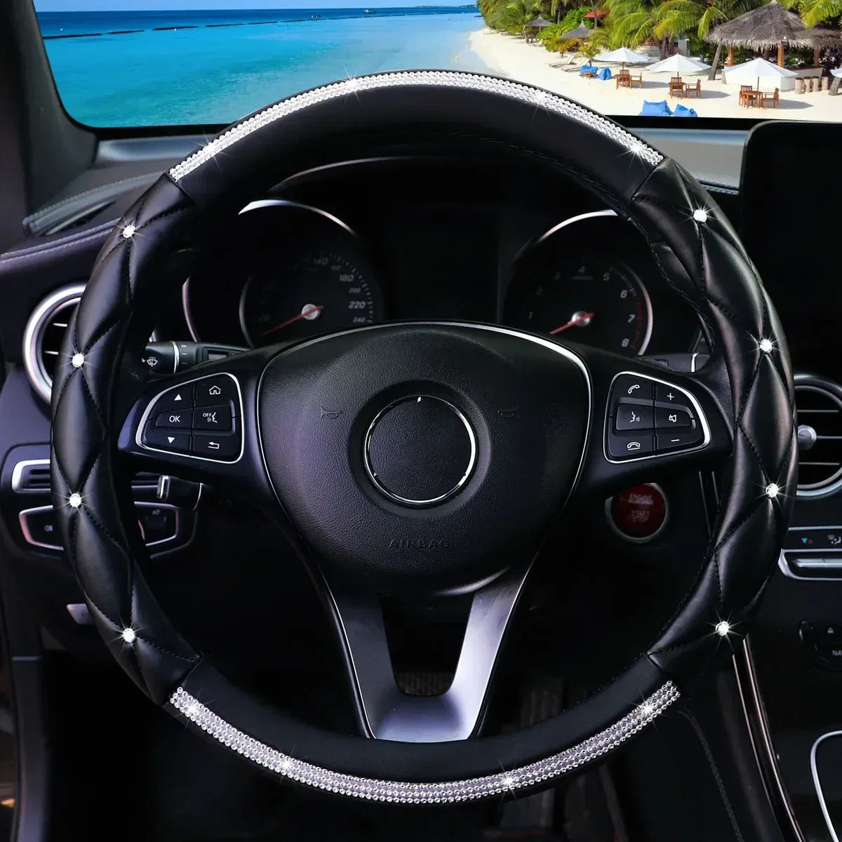 1 Stereo Leather Inset Faux Diamond Flash Blingbling Car with Inner Ring Steering Wheel Cover for 14.5-15 Inch Car Accessories - Urbizia